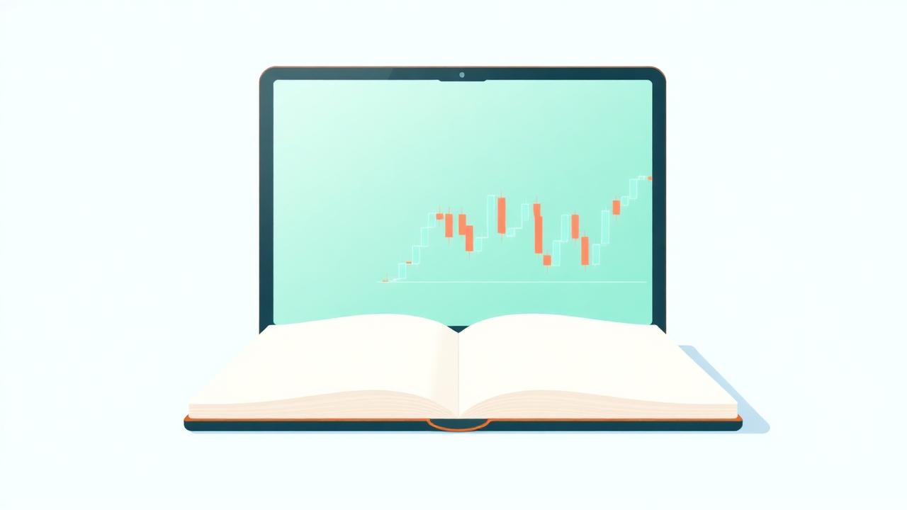 Illustrasjon av en tradingdagbok med candlestick-graf på laptop